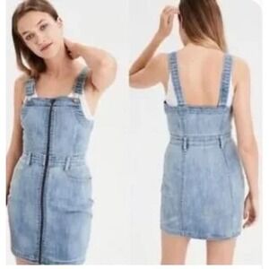 American‎ Eagle AEO Denim Super Stretch Zip Front Mini Overall Dress Size 8-